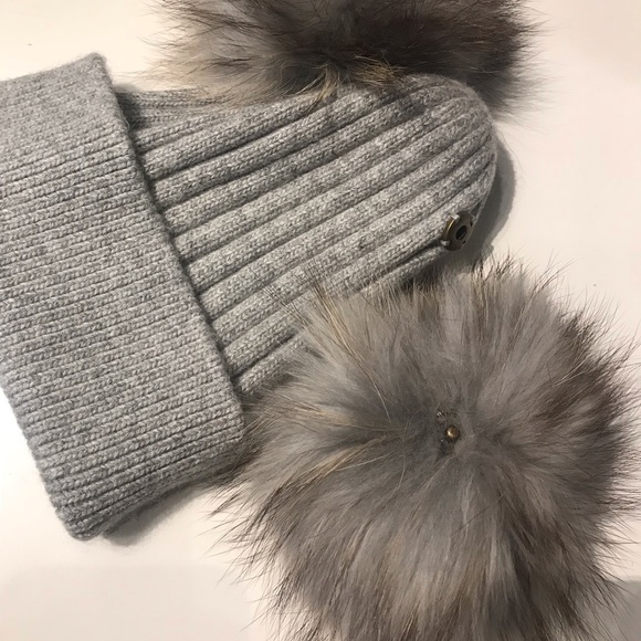 Angora Beanie hat with 2 removable fur pom pom